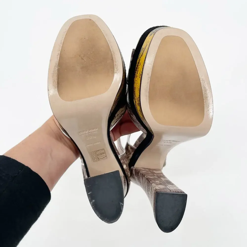 Miu Miu Beige Black Gold Teju Lizard Embossed Platform Sandals Heels IT 39.5